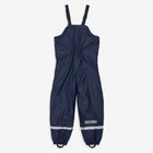 Navy Puddleflex waterproof dungarees with fleece lining, lying flat, unwrinkled, on a white background, with reflective stripes near the ankle.